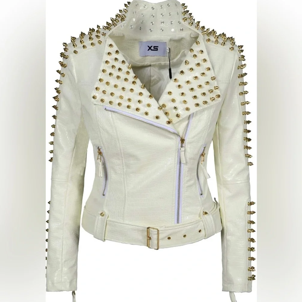 NWT SX Women Faux Leather PU White Jacket Studded Rivet Fashion Jacket Size M - Picture 4 of 12